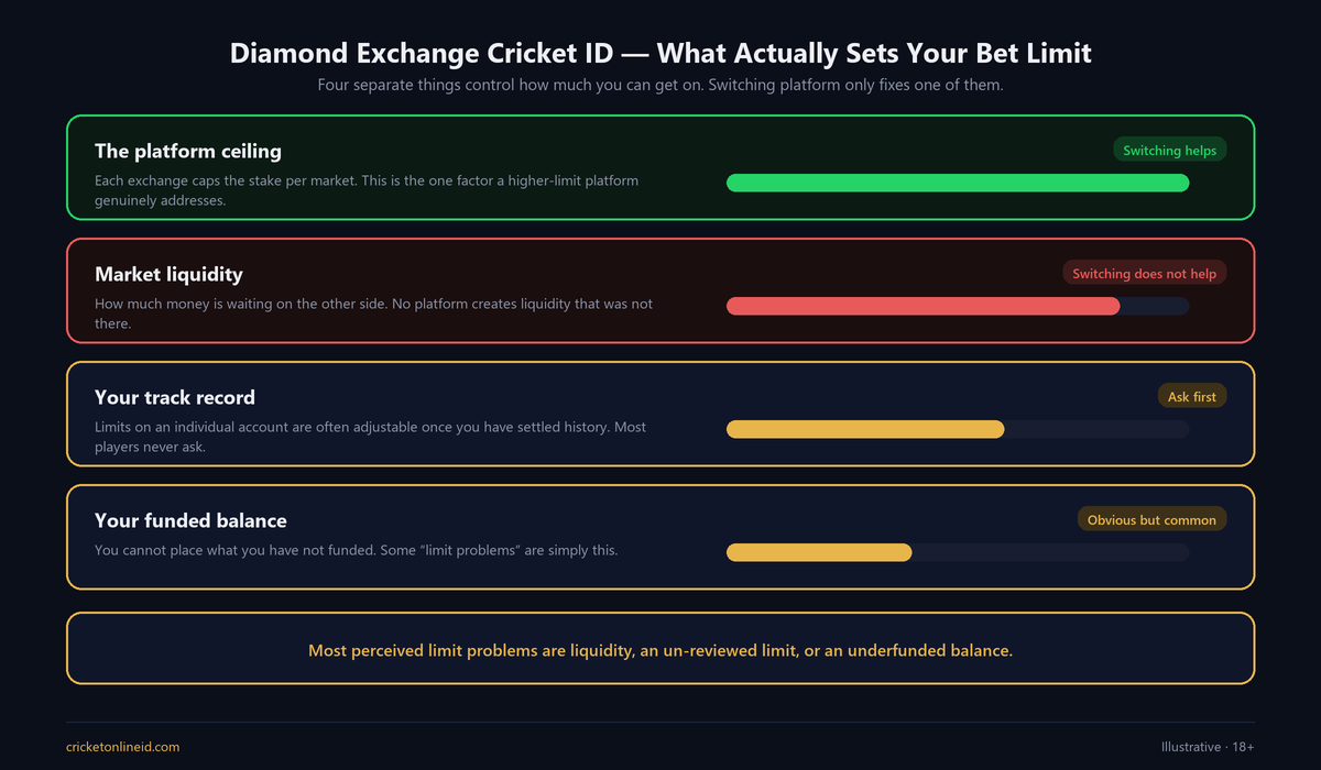 Diagram of the four things that set your bet limit on a Diamond Exchange cricket ID: the platform ceiling, market liquidity, your track record and your funded balance